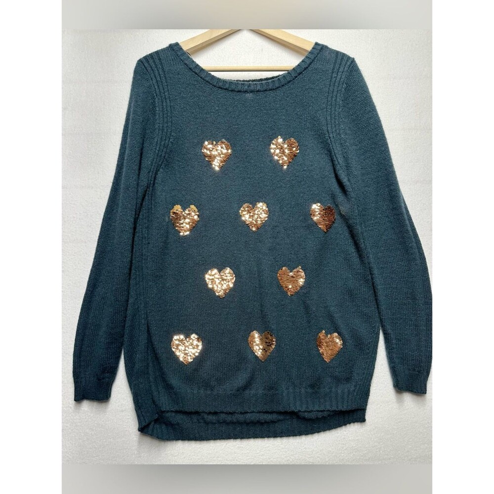 LC Lauren Conrad Women’s XL Blue Green Gold Sequin Heart Knit Sweater